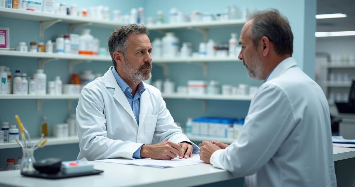 Farmacêutico atendendo paciente em farmácia de manipulação 