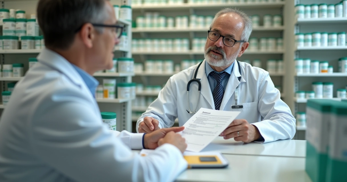 Farmacêutico conferindo receita e orientando paciente no balcão 