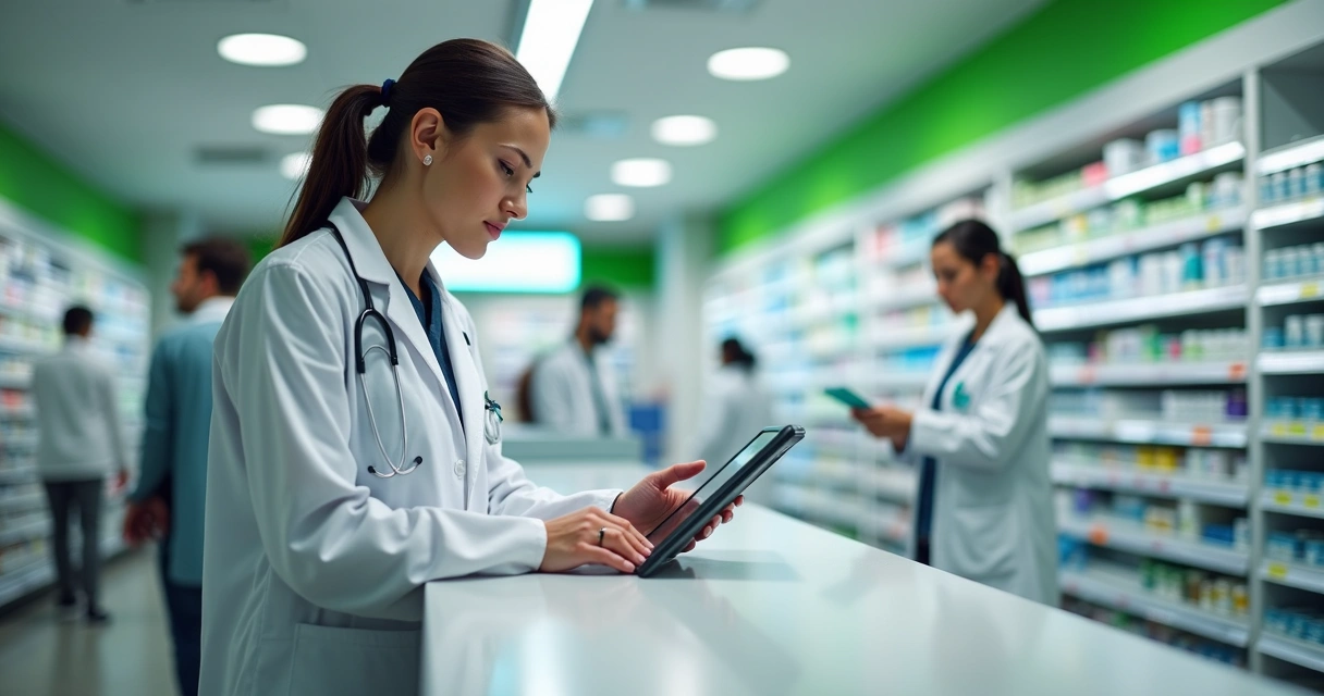 Atendente de farmácia com tablet e prateleiras de remédios ao fundo. 