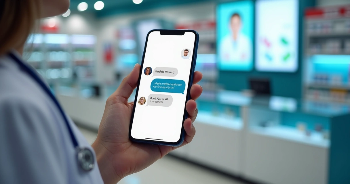 Agente virtual atendendo cliente em farmácia pelo celular. 