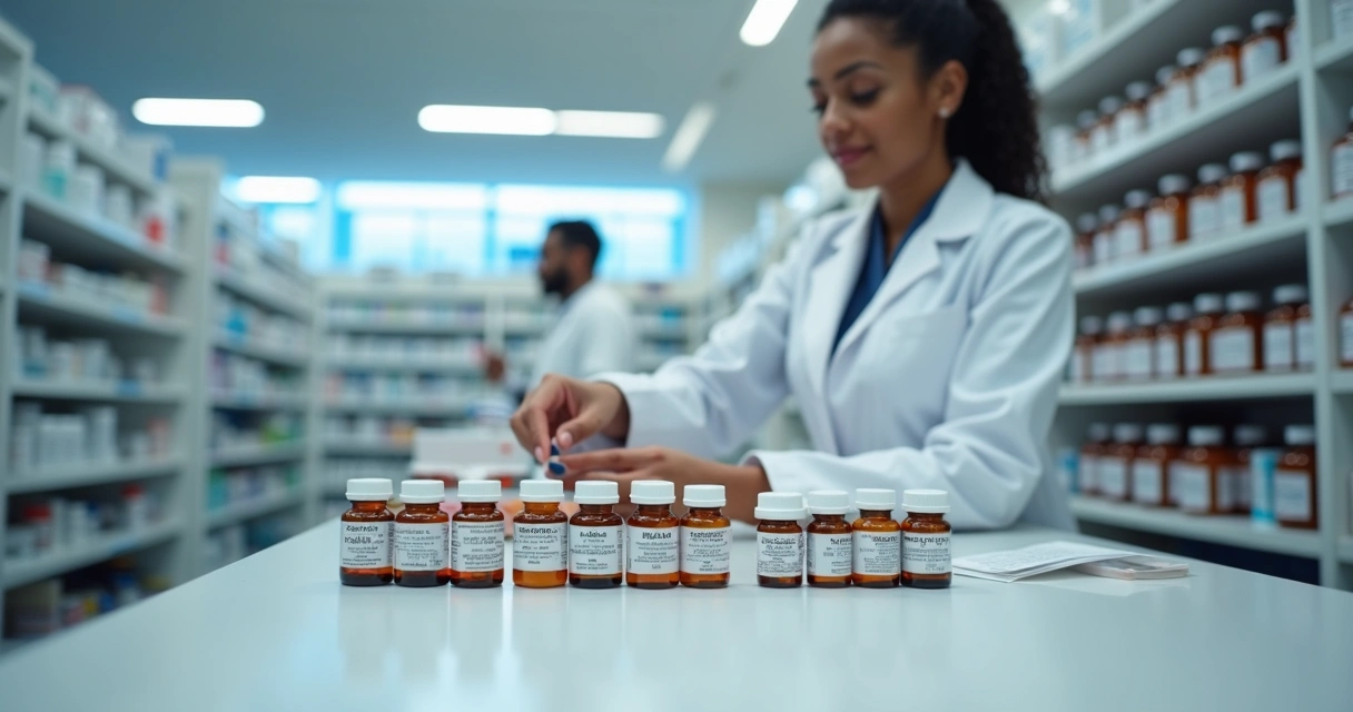 Farmacêutico organizando frascos manipulados em balcão de atendimento 