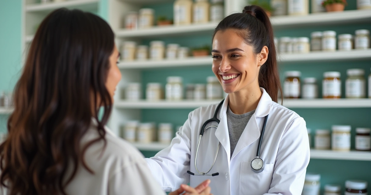 Farmacêutica atendendo cliente em farmácia de manipulação em Curitiba 