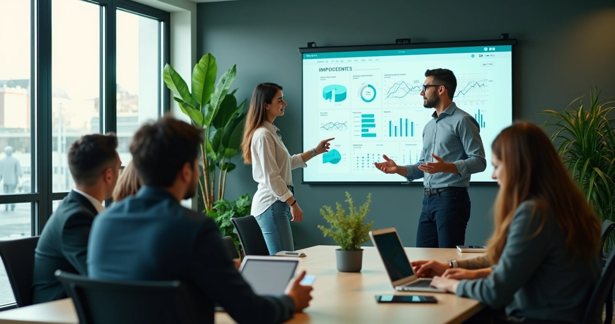 Plantão financeiro coletivo com pessoas reunidas em sala tech 