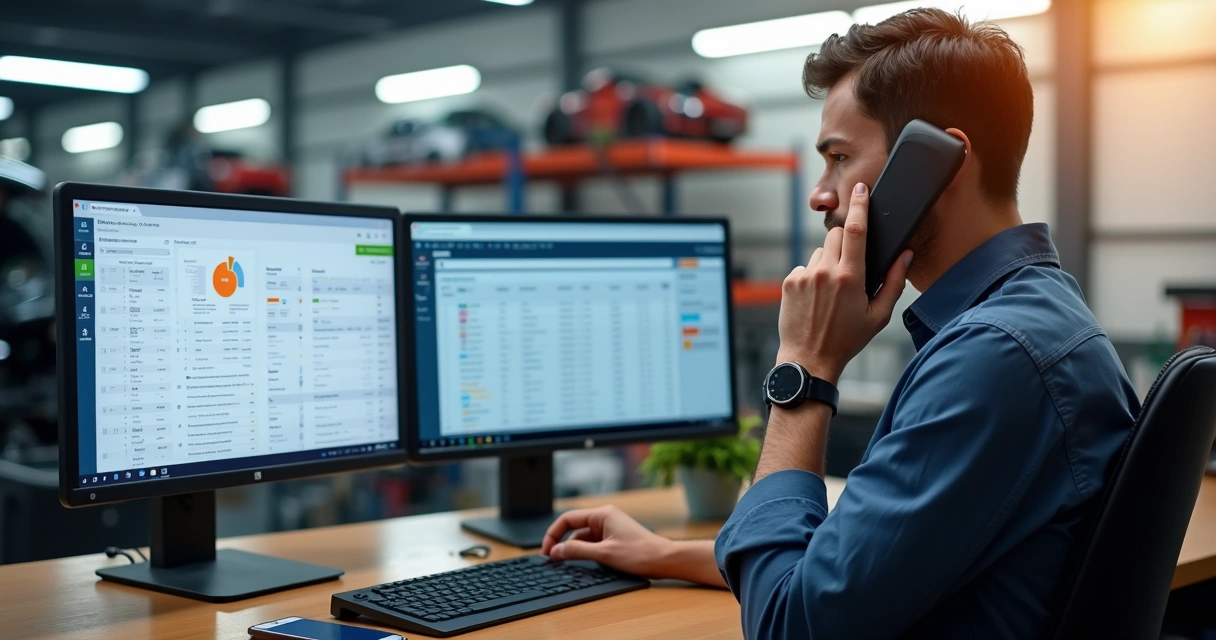 Homem atendendo cliente por telefone em oficina moderna com computadores e anotações organizadas 