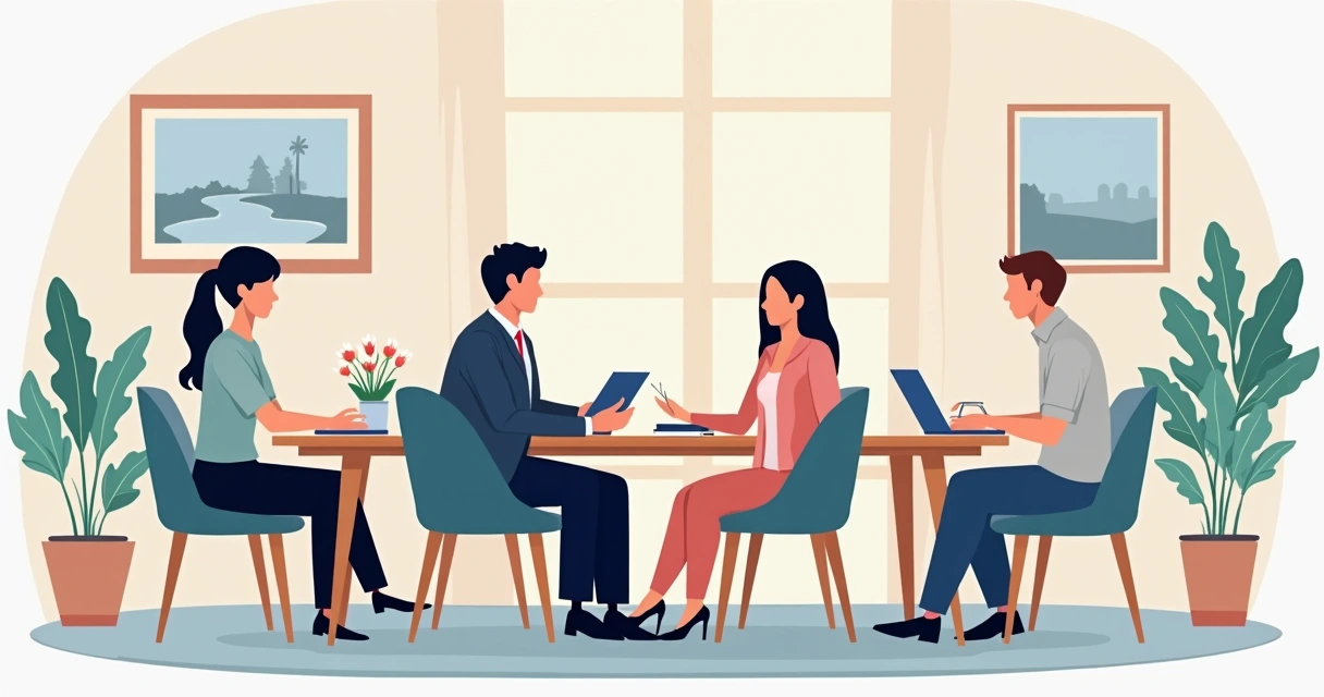 Equipe de atendimento funerário orientando família em sala tranquila