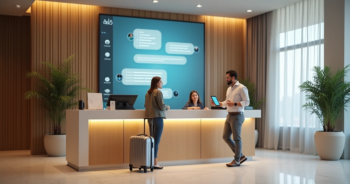 Recepcionista de hotel atendendo hóspede com suporte de chatbot em tela gigante 
