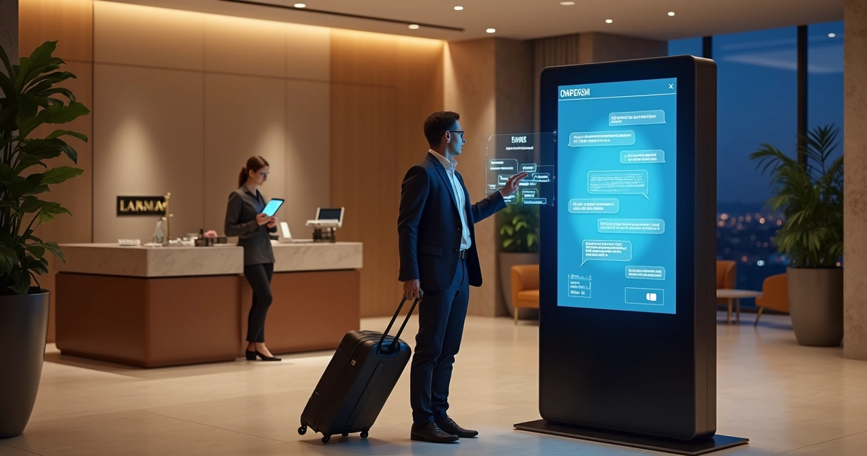 Totem digital de autoatendimento em lobby de hotel conectado a atendente humano no tablet 