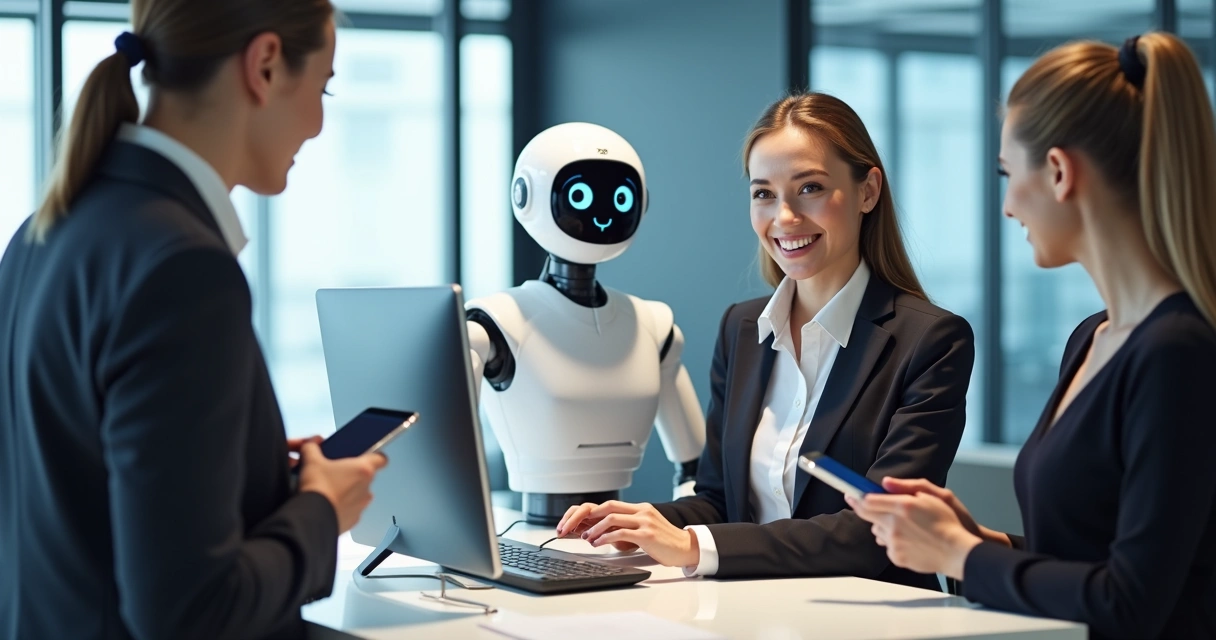 Balcão de atendimento com pessoa e robô juntos atendendo clientes 