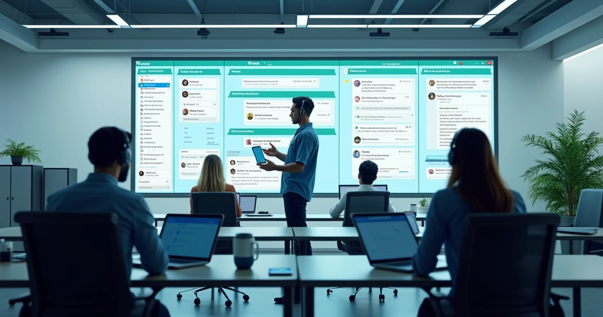 Equipe de atendimento usando painel com IA e WhatsApp 