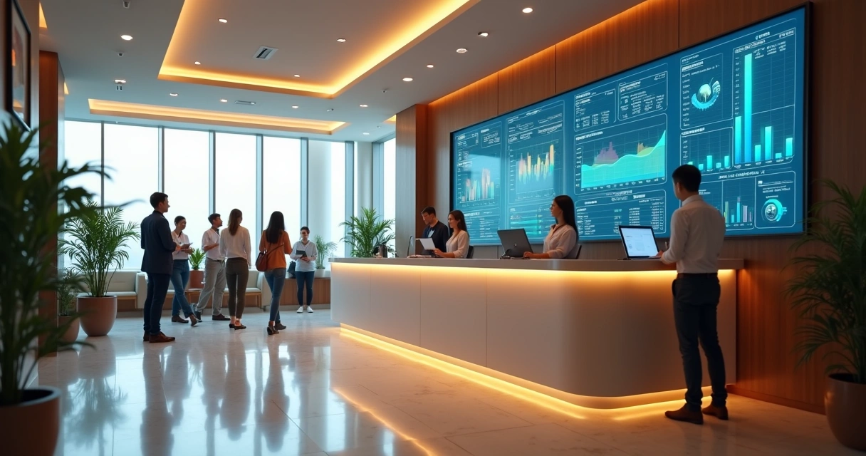Equipe atendendo hóspedes em balcão de hotel, com gráficos de desempenho ao fundo 