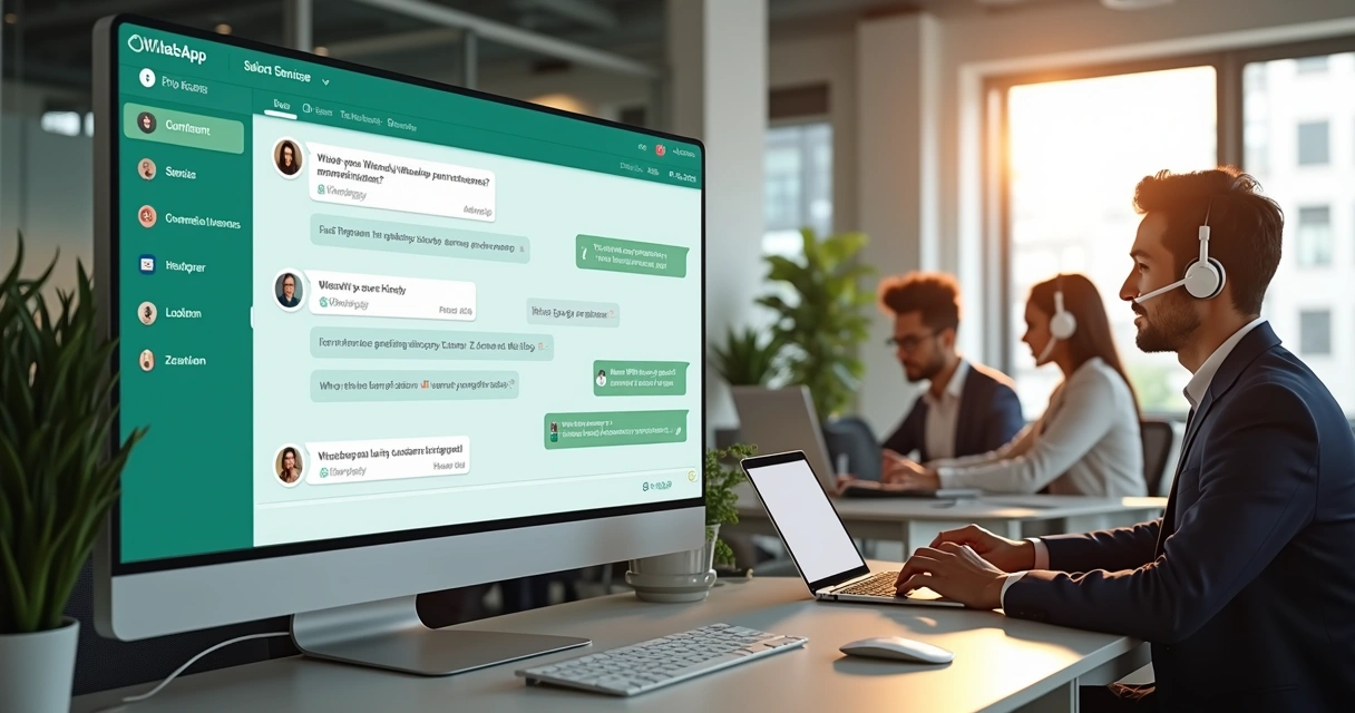 Tela de computador mostrando fluxos de mensagens personalizados no WhatsApp com atendimento humanizado e equipe de suporte ao fundo 