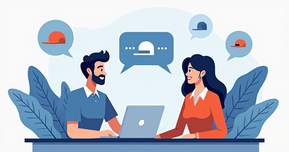Pessoa atendendo cliente em chat virtual sobre boné personalizado 