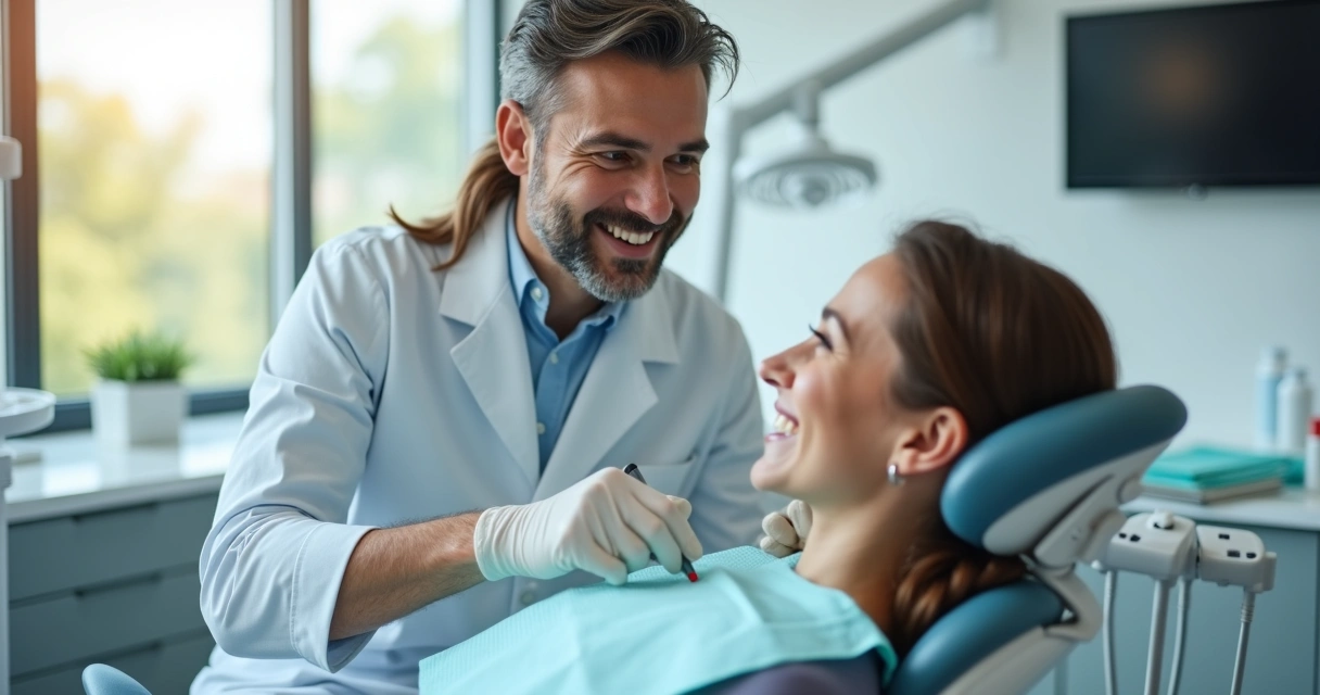 Sala de atendimento odontológico moderna com dentista atendendo paciente