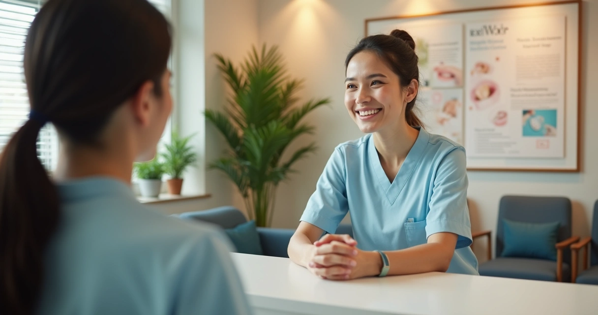 Recepcionista de clínica odontológica sorrindo e recebendo paciente 
