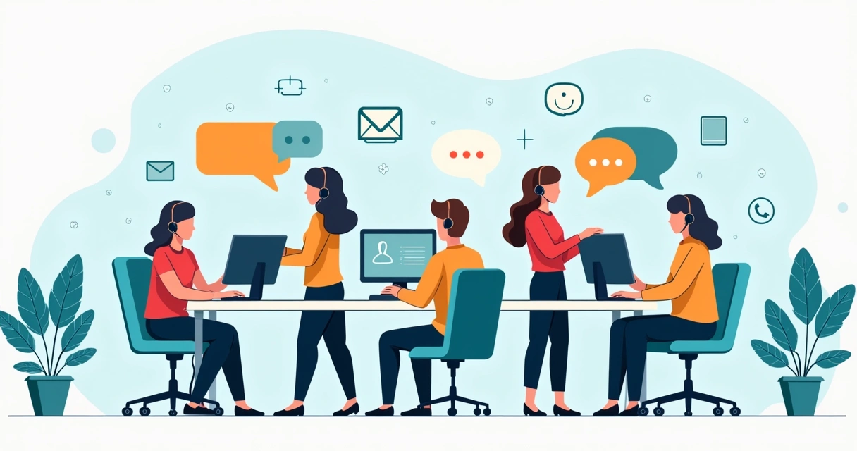 Equipe de atendimento digital reunida em mesa com computadores ao redor. 