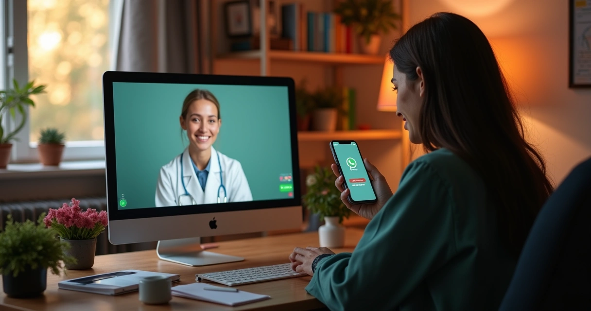 Profissional de psicologia atendendo paciente por chamada de vídeo em ambiente acolhedor e iluminado com uso de smartphone e computador 