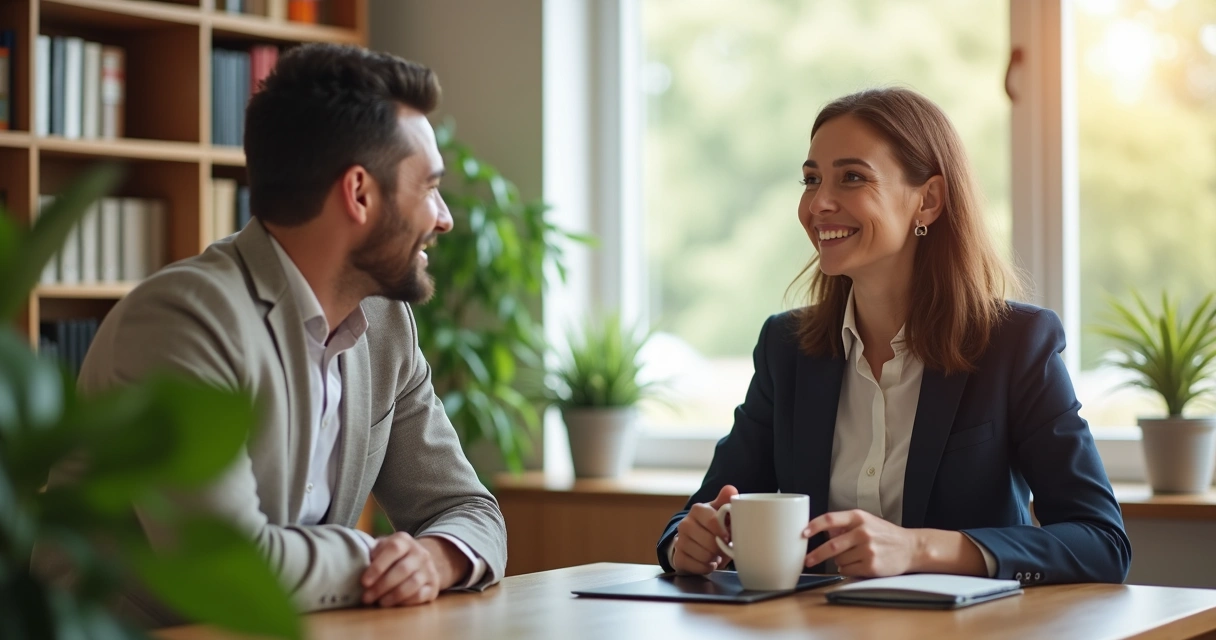 Advogado conversando educadamente com cliente em escritório humanizado 