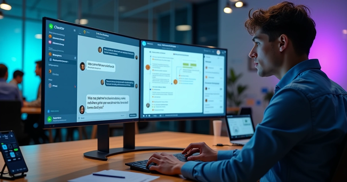Profissional acompanhando fluxo de atendimento com chatbot de IA em tela dividida 