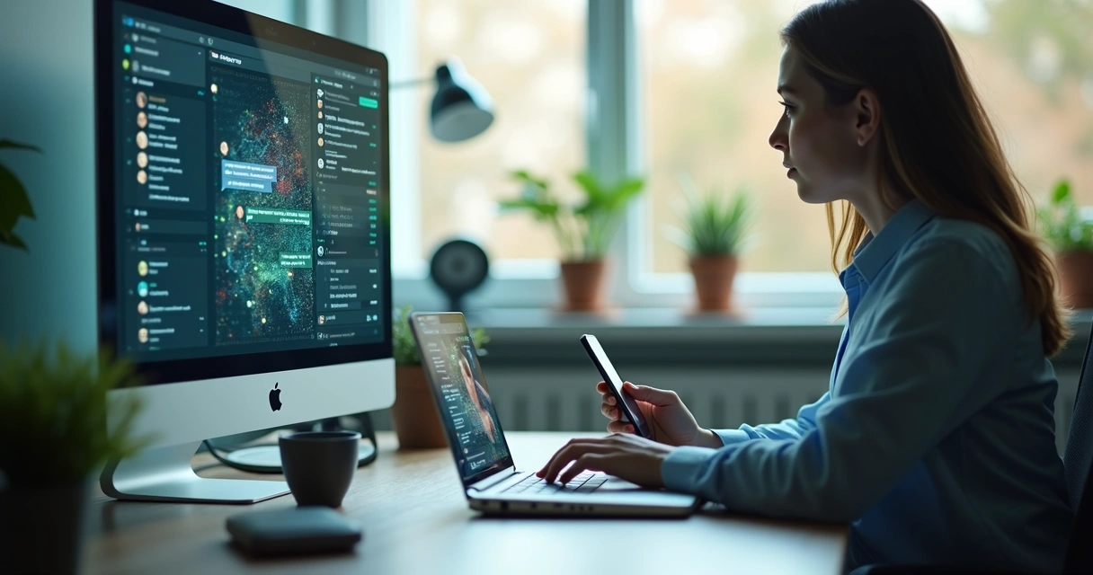 Profissional atendendo cliente com uso de inteligência artificial via tela de computador