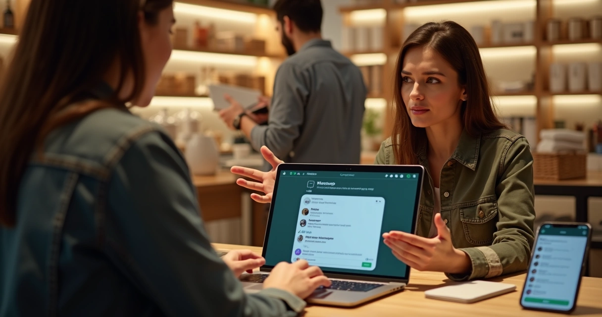 Atendente digital responde cliente pelo WhatsApp em loja. 