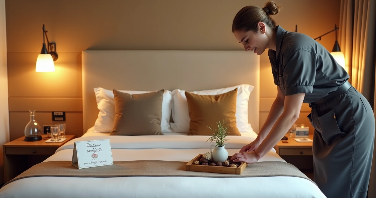 Camareira organiza suíte de motel acolhedora com foco em detalhes humanizados 