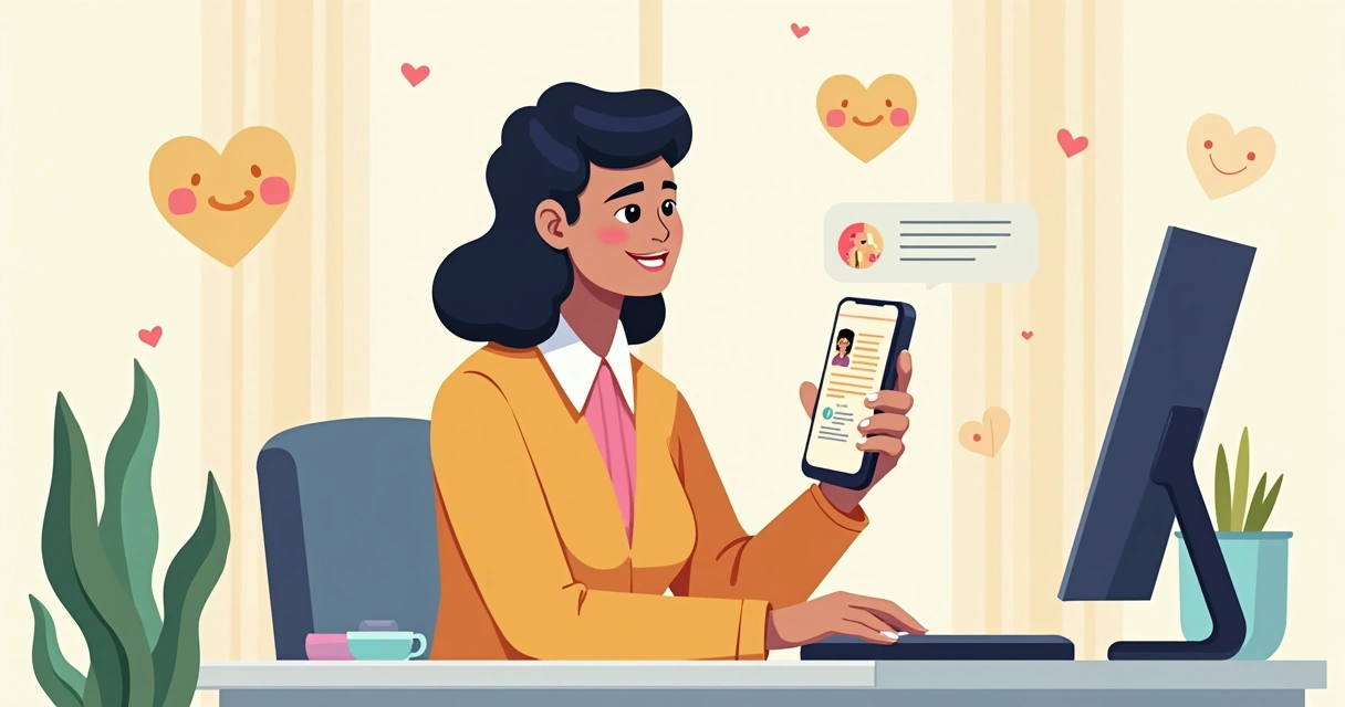 Atendente sorridente enviando mensagem personalizada pelo WhatsApp 