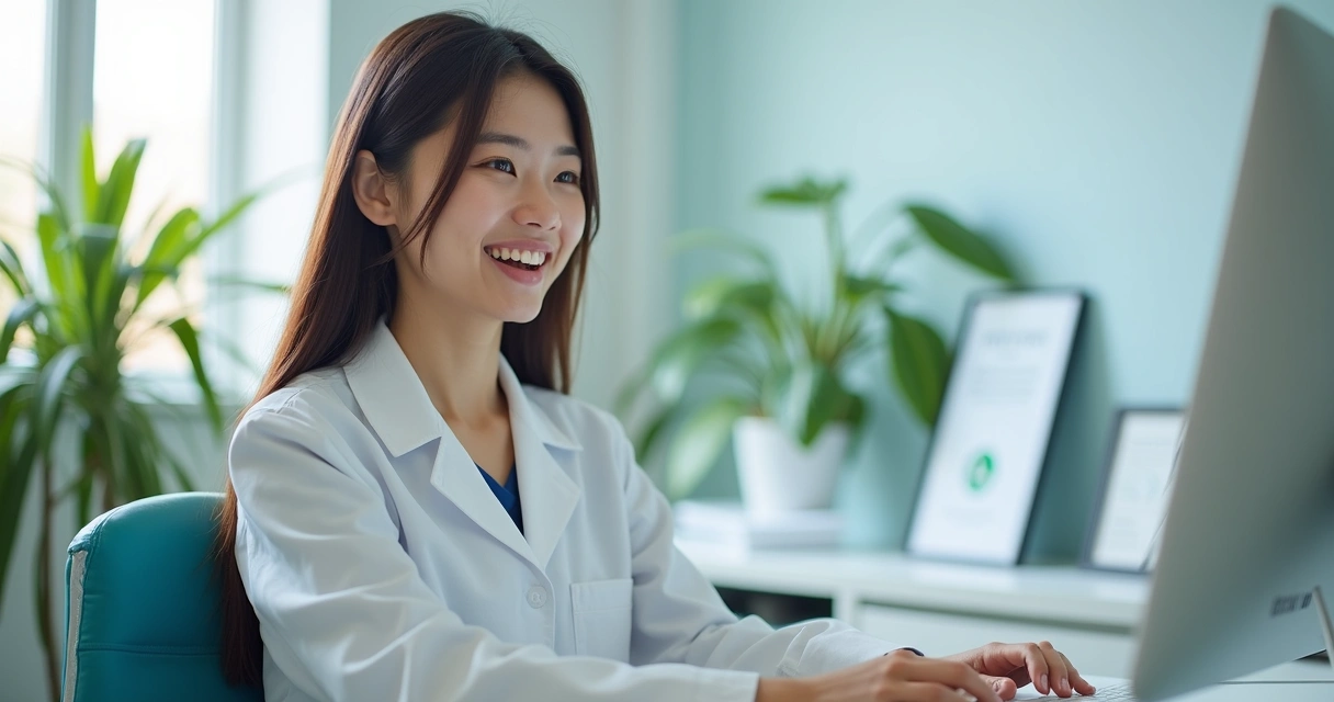 Atendente de clínica odontológica enviando mensagem simpática pelo computador, expressando cuidado