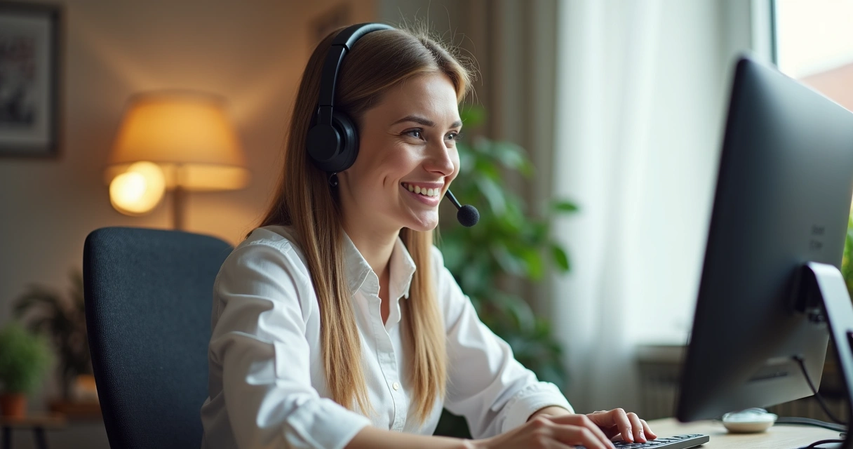 Atendente de suporte ao cliente ouvindo atenta e sorrindo durante conversa com cliente. 