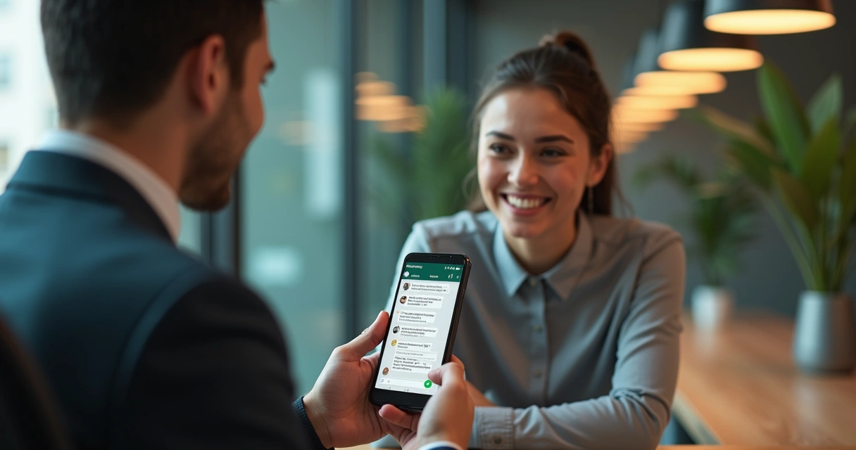 Pessoa digitando no WhatsApp recebendo respostas do chatbot e um atendente humano ao lado