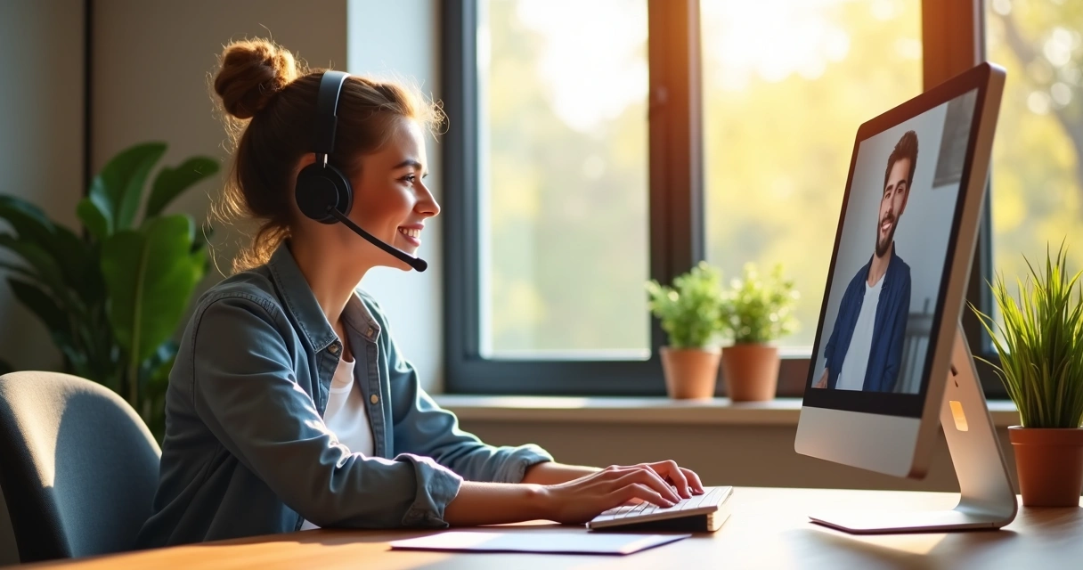 Agente de atendimento conversando com cliente em escritório moderno 