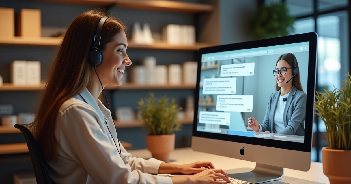 Atendente sorridente conversando online com cliente via chat no computador em um balcão de loja moderna com produtos ao fundo 