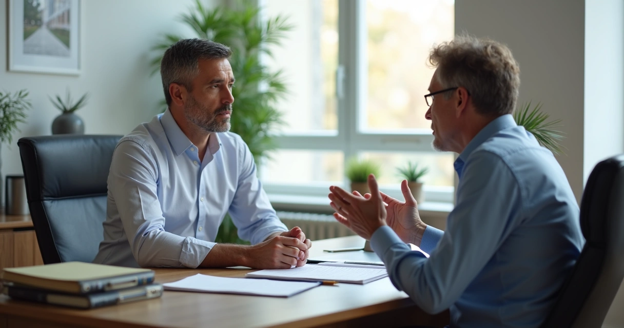 Gestor de condomínio em conversa com morador em ambiente administrativo 
