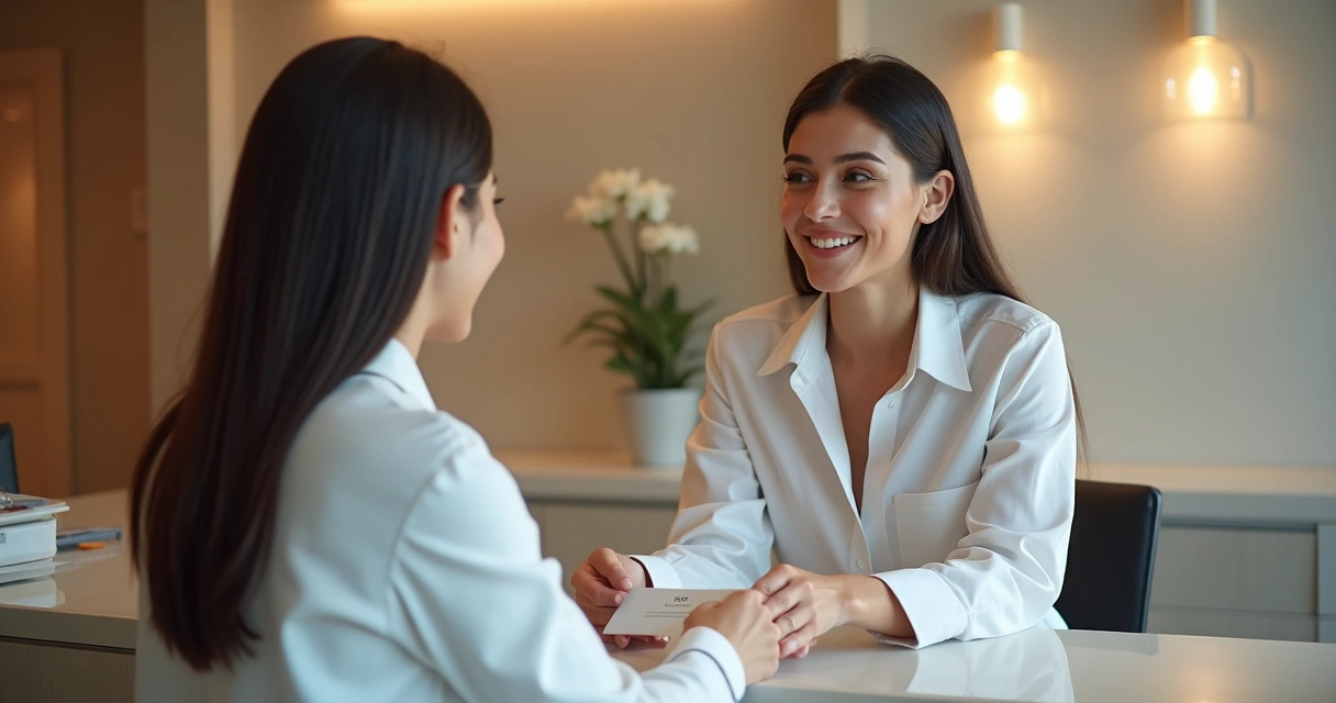 Recepcionista de clínica plástica atende paciente sorrindo 