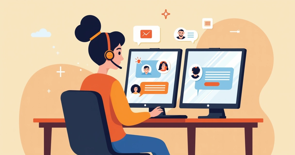 Agente de suporte atento ao telefone, com computador e monitores de chat. 