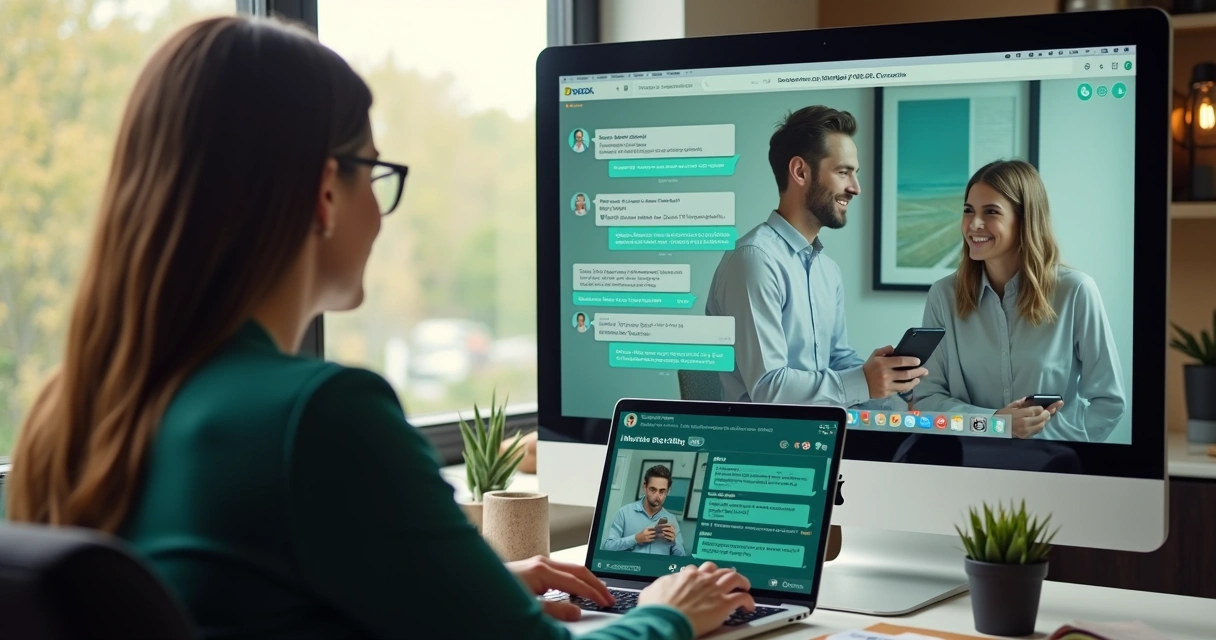 Corretor conversando com cliente no WhatsApp usando notebook e IA ao fundo 