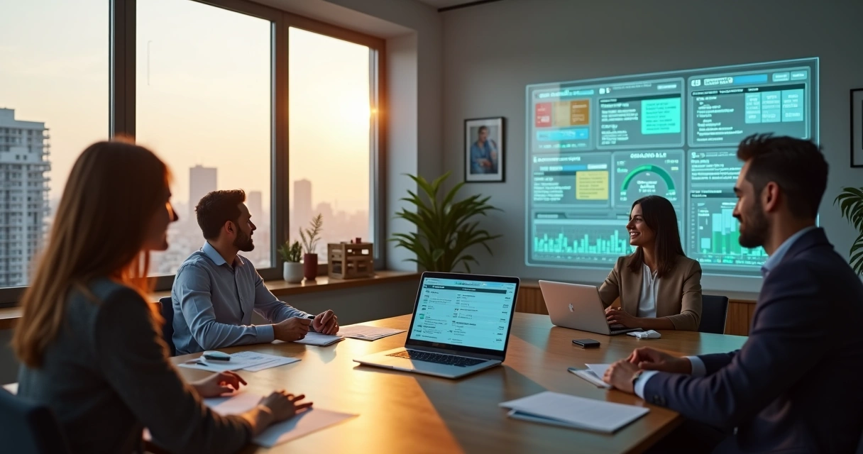 Sala de atendimento imobiliário com corretor, cliente e painel digital exibindo análise de conversas com IA 