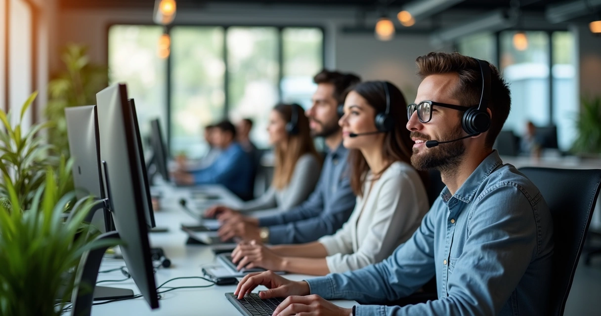 Equipe de suporte ao cliente em escritório moderno, atendendo via telefone e computador com expressão atenta e profissional 