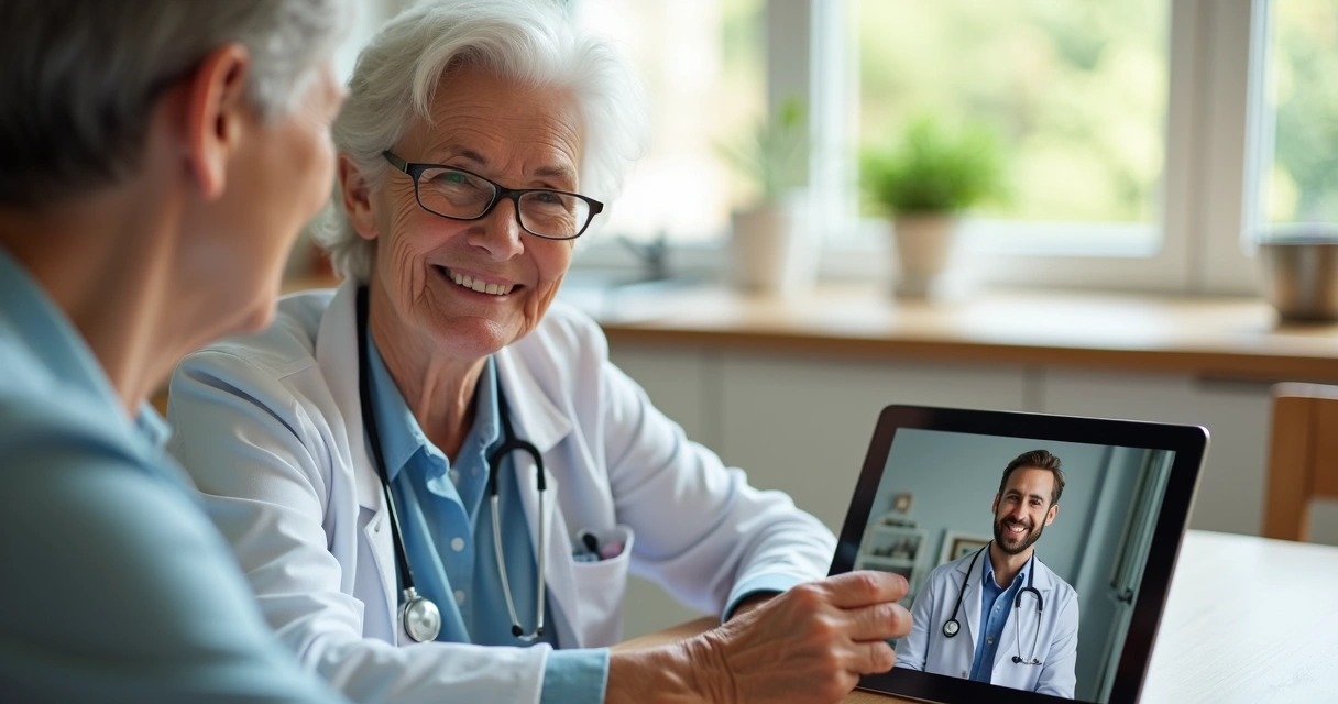 Paciente sorrindo em atendimento online com médico por videochamada 