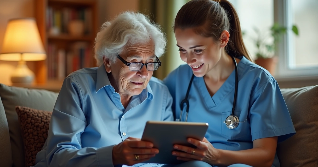 Profissional de saúde e paciente idoso interagindo com tablet durante atendimento domiciliar.