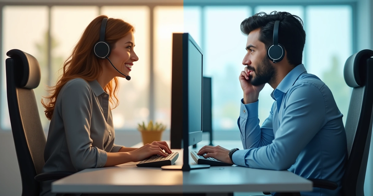 Cliente conversando com humano de um lado e com IA de outro, mostrando reações diferentes