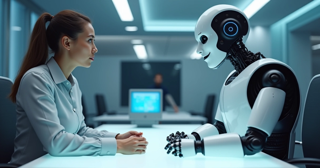 Profissional de atendimento ao cliente conversando com robô assistente de IA, ambos sentados frente a frente em um balcão branco tecnológico, luz fria e tons azuis, ambiente minimalista, expressões neutras.