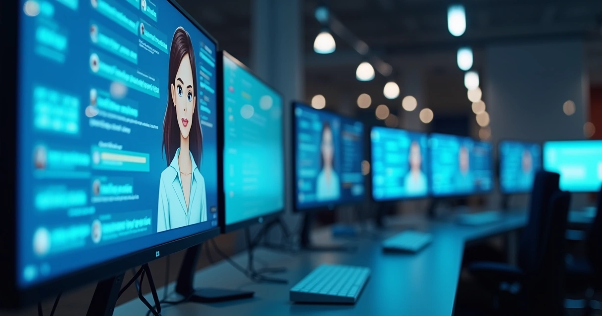 Atendente de IA virtual operando chat em tela digital