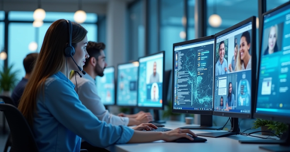 Equipe de atendimento ao cliente usando agente de IA em telas 