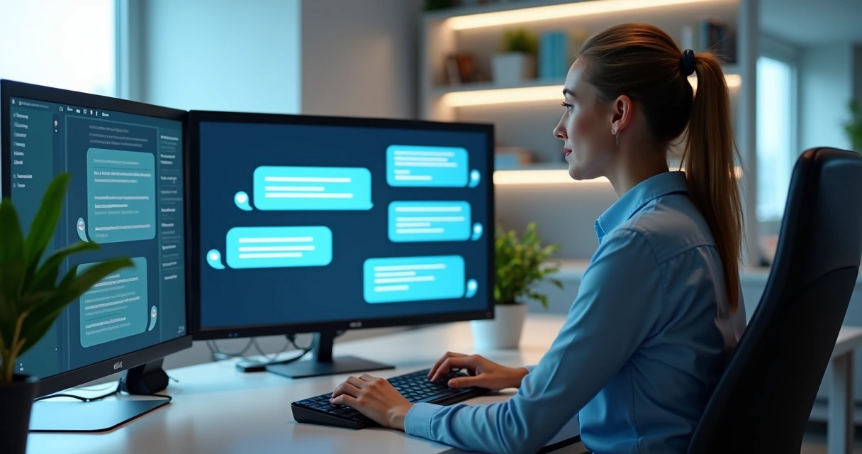 Pessoa interagindo com chatbot em computador de mesa 