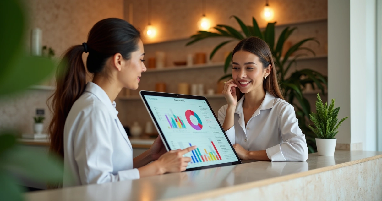 Profissional de clínica estética usando tablet com interface de IA no atendimento 