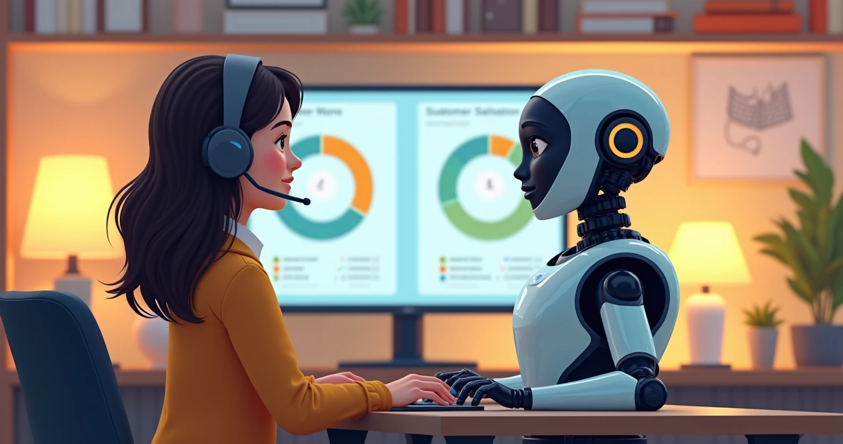 Colaborador ao lado de robô simpático em atendimento digital humanizado 