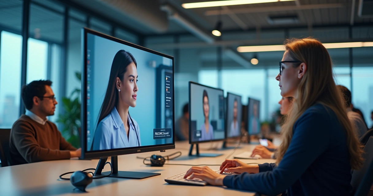 Agente virtual de IA em tela de computador em ambiente empresarial 