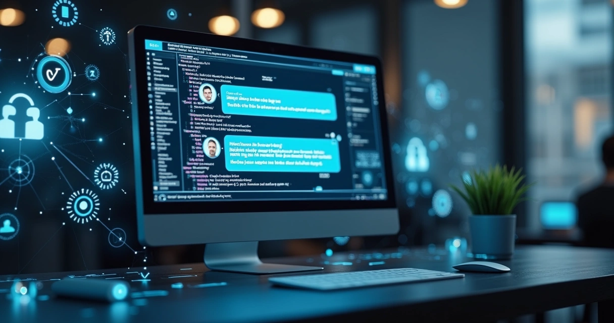 Tela de atendimento digital inteligente com agente de IA e cliente falando por chat 
