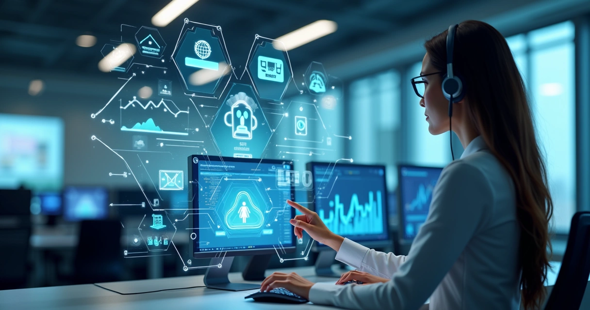 Atendimento ao cliente com assistente virtual usando inteligência artificial em ambiente corporativo moderno 