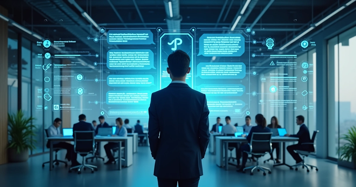 Painel de atendimento digital automatizado, com funcionário interagindo com interface de chatbot em tela grande 